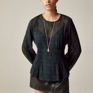NWT j. Crew sz0 Chiffon shirred-waist top in Black Watch tartan